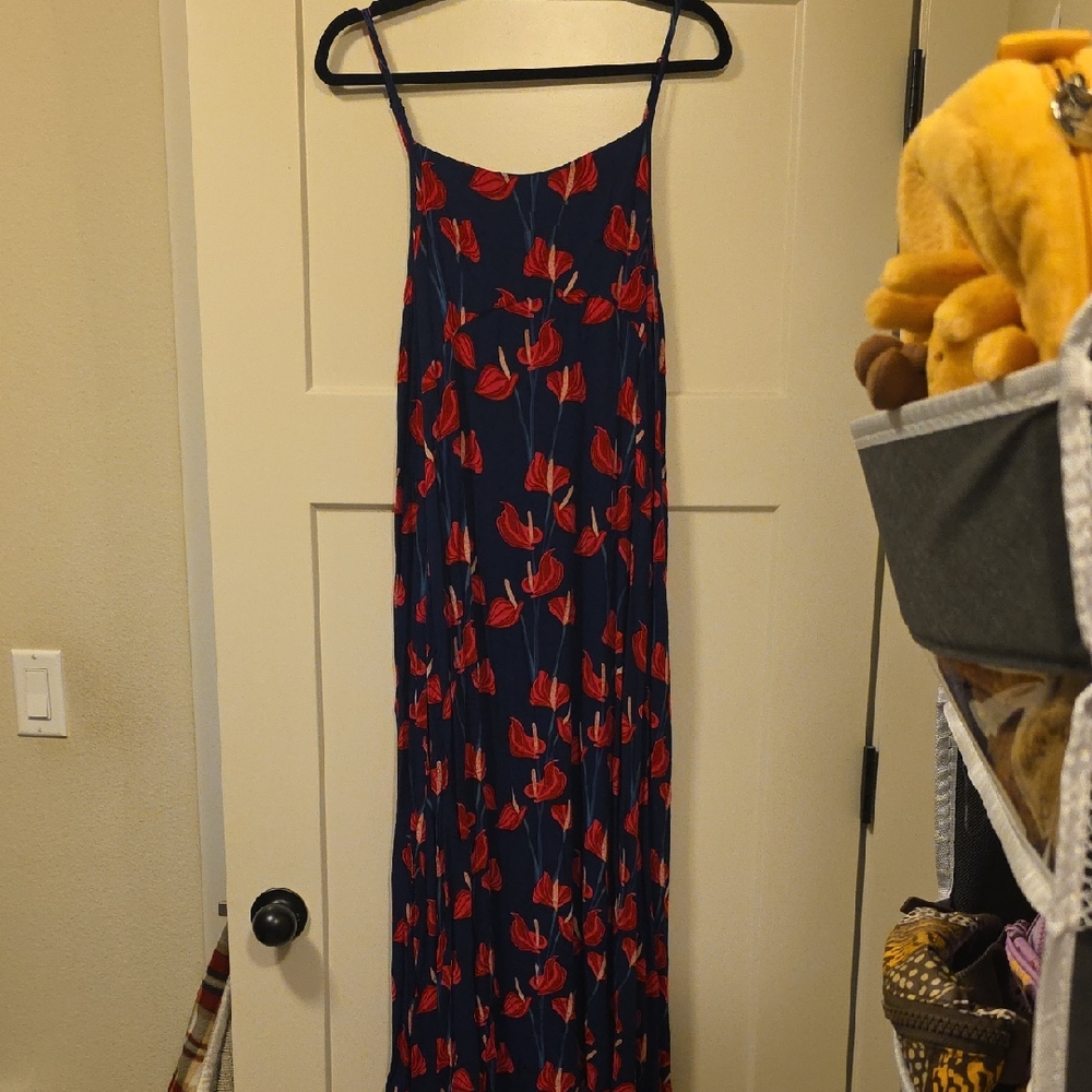 Ava Sky Fighting Eel Anthurium Navy Maxi Dress with Red Floral Print size XS